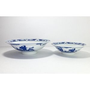 2 Footed Blue/White Lotus Porcelain Chinese Bowls, Jingdezhen c1970-80s, 7” & 9”